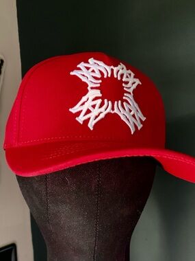 AMIRI Red Trucker Hat with White Embroidered Logo